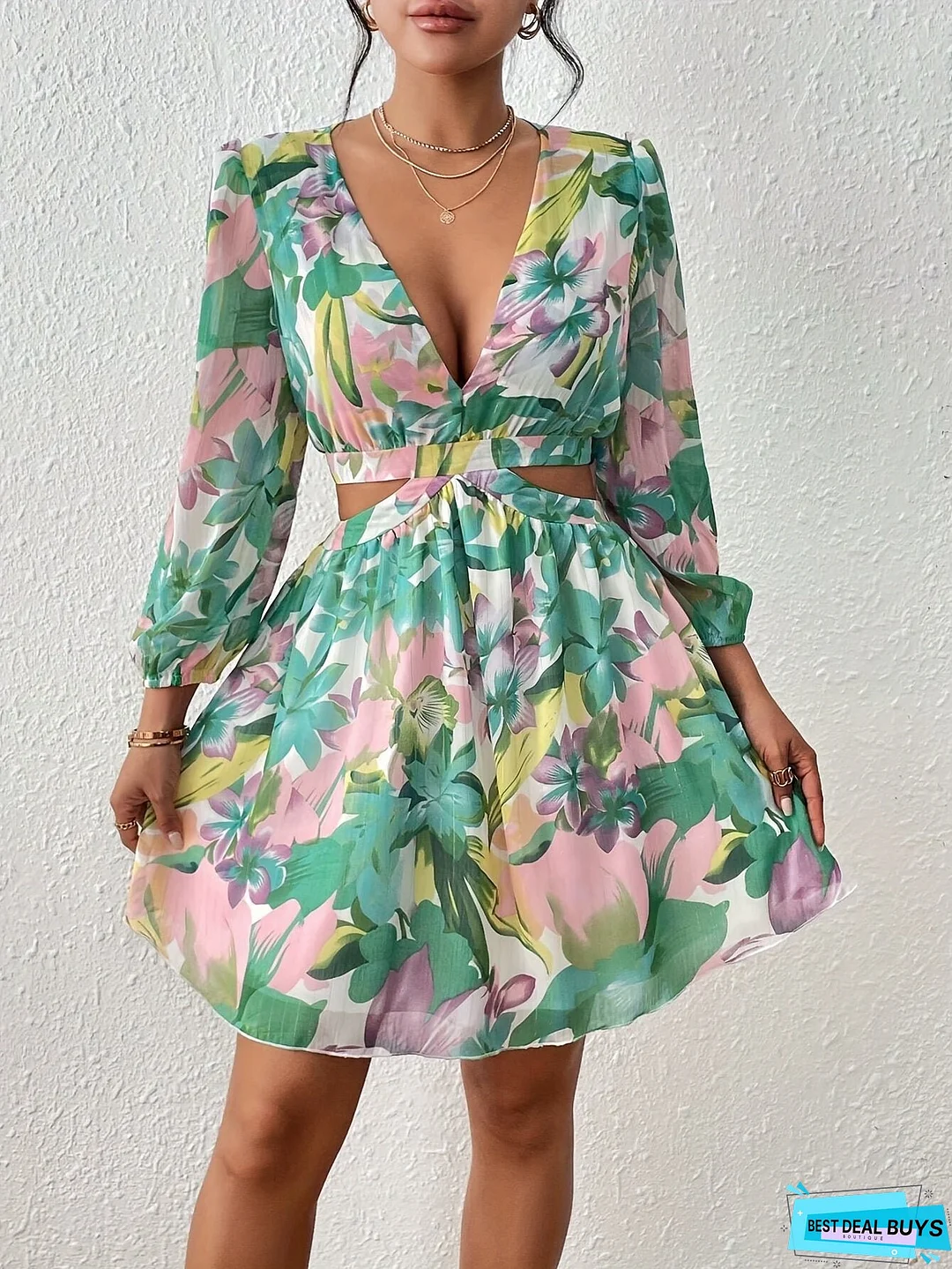 Floral Print Cut Out Dress, Elegant V-neck Lantern Sleeve Dress For Spring & Fall, Women's Clothing
