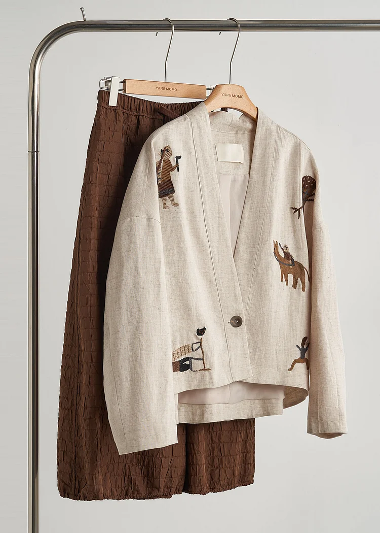 Plus Size Beige Embroidered Oversized Linen Coat Fall