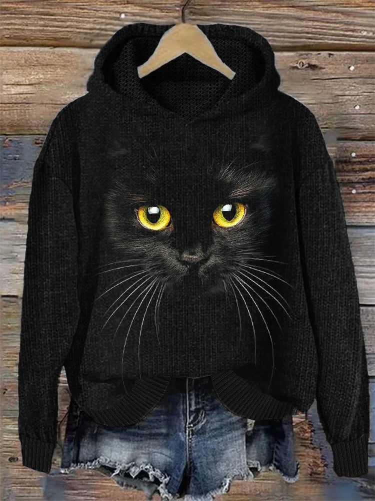 VChics Black Cat Face Cozy Knit Hoodie