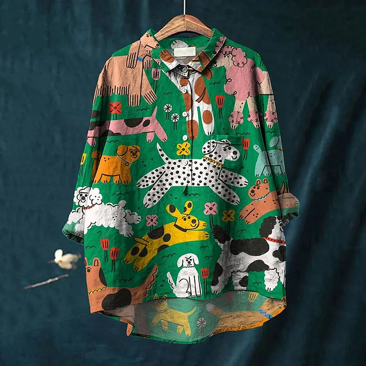 Farm Dog Print Long Sleeve Loose Shirt