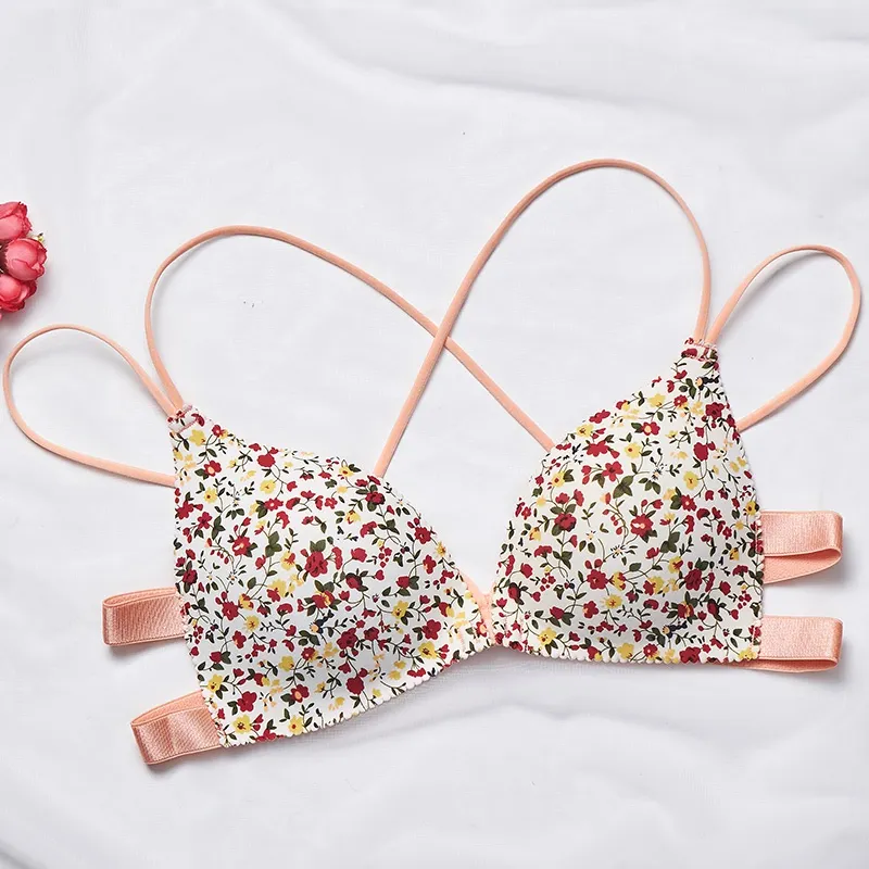 Billionm Sexy Floral Print Bra Front Buckle Underwear Seamless Cross Back Women Push up Bras 2022 New