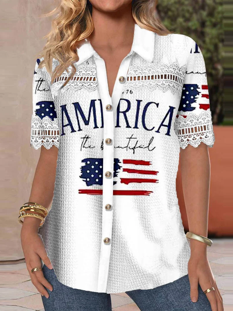 Women Short Sleeve Shirt Collar National Flag Printed Graphic Lace Button Tops