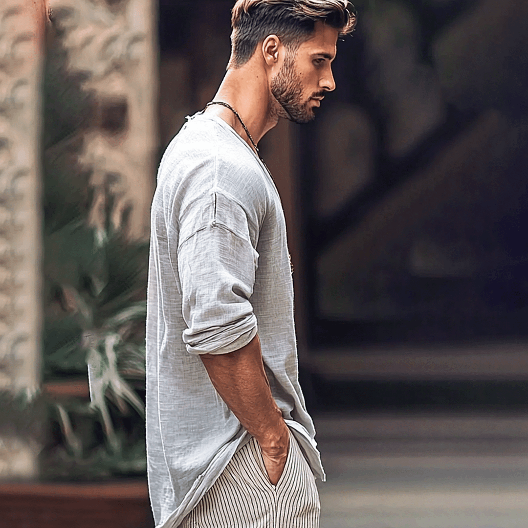 Men's V-neck Linen Shirt-inspireuse