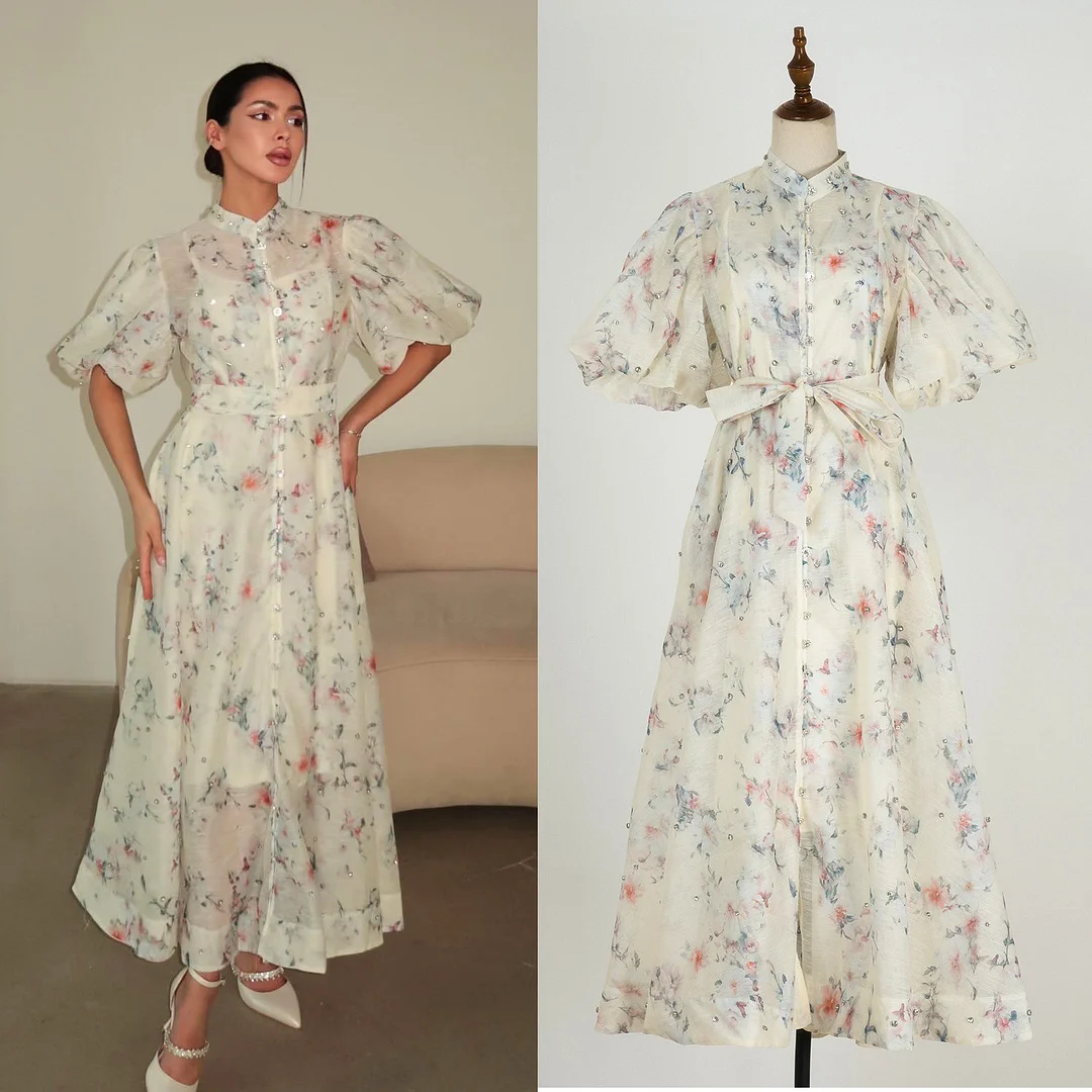 Nigikala Nigikala Court Style High Design Feeling Heavy Industry Nail Drill Short Sleeve Single Buckle Dress + Sling