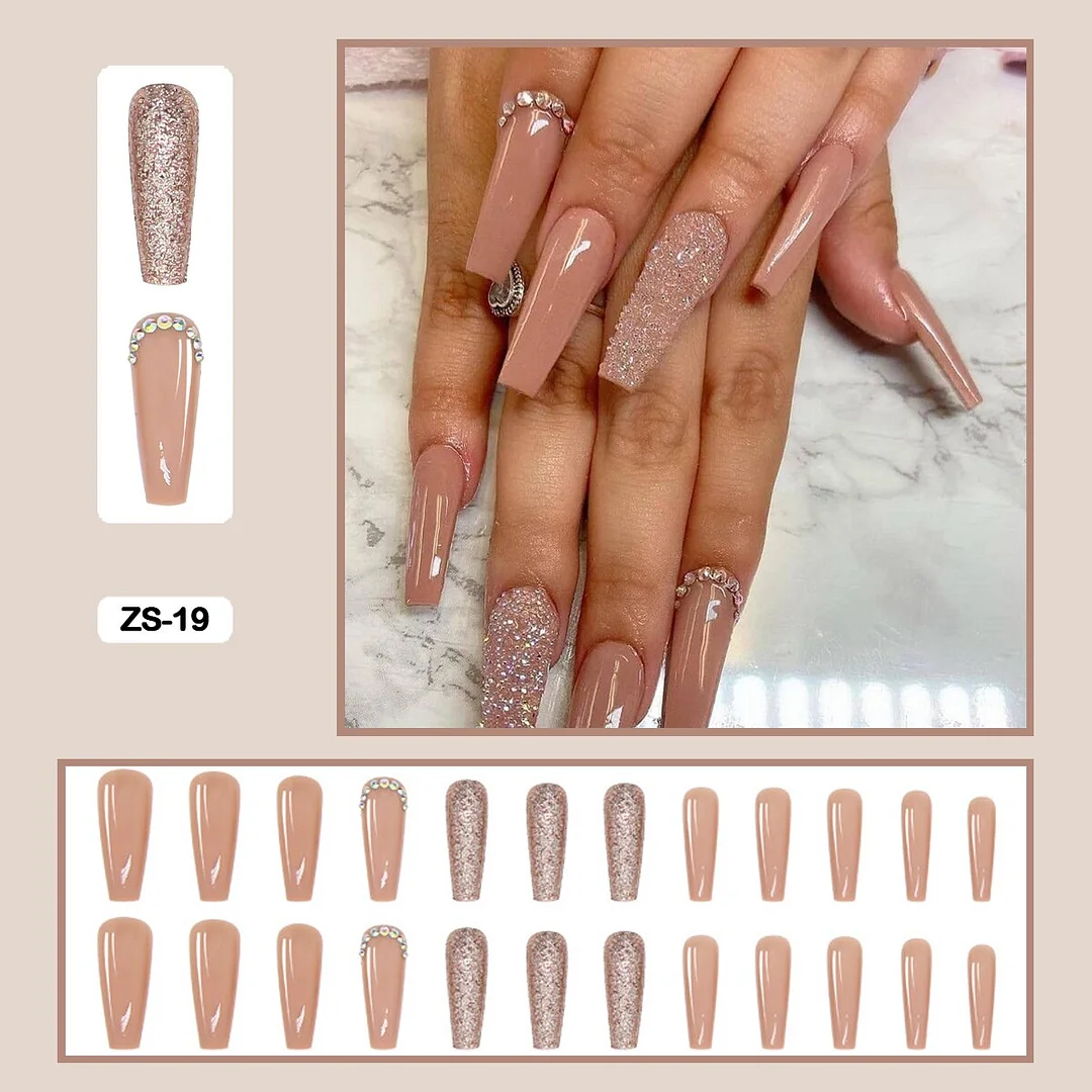 24pcs/box  Long Trapezoid Fake Nails  WIth Jewels Decorated Wearabel False Nails With Glue And Wearing Tools-Nail Inspo
