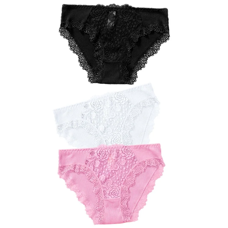 3PCS Cotton Panties Underwear Solid Women Sexy Lace Underpants Soft Briefs Set Female Intimates Plus Size Lingerie Panty XL XXL