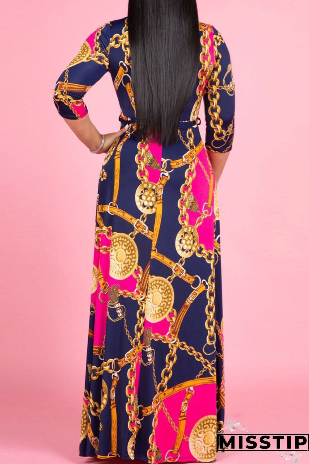 Blue Fashion Casual Print Bandage V Neck Long Sleeve Dresses