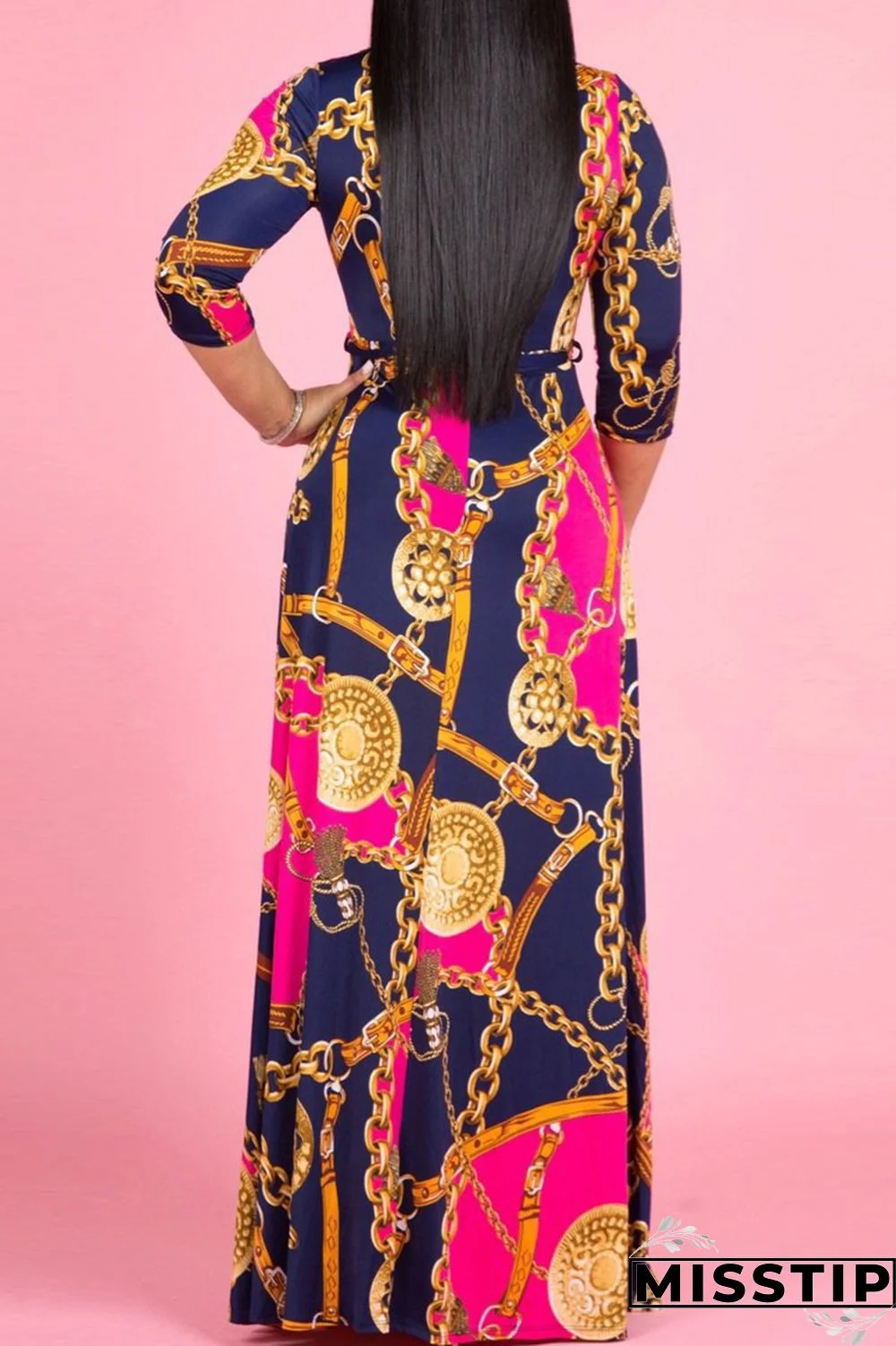 Blue Fashion Casual Print Bandage V Neck Long Sleeve Dresses