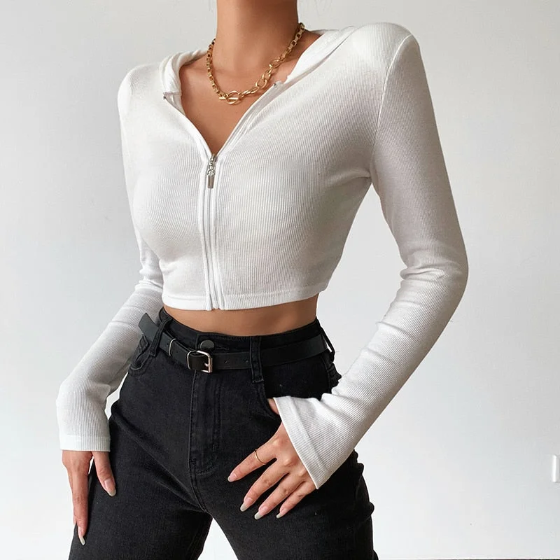 WannaThis Korean Fashion Ribbed Tops Women's Sexy Long Sleeve Woman Hooded Skinny Minimalist Autumn 2021 Basic Zipper T-shirts