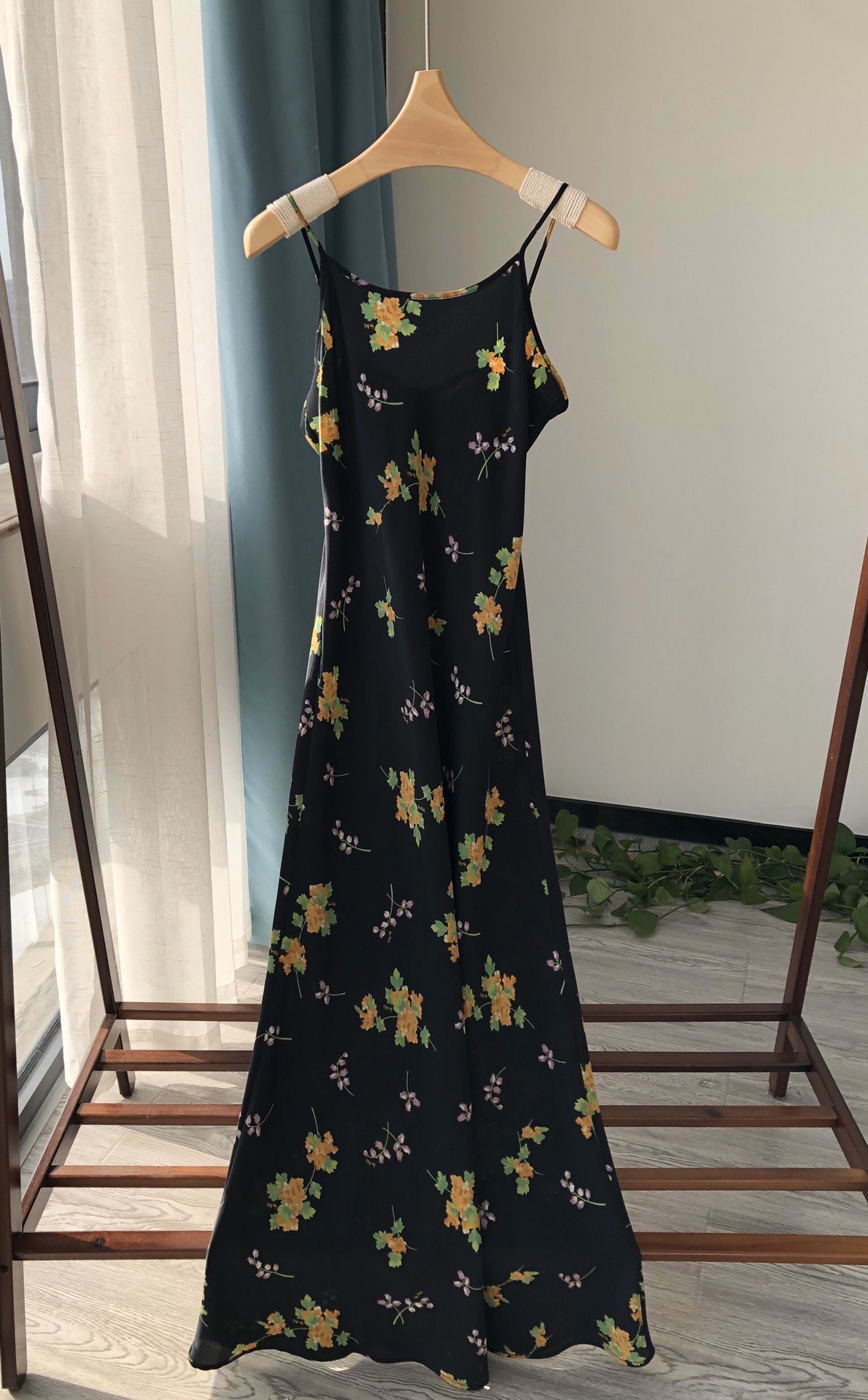 IO Dress French Minimalist Silk Bluebell Floral Print Maxi Dress - Fluid Curved Tailoring Strappy Gown, Elegant Evening Dress for Women