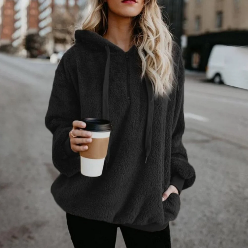 Smiledeer Women's Long Sleeve Hooded Solid Color Sweater Fleece Jacket