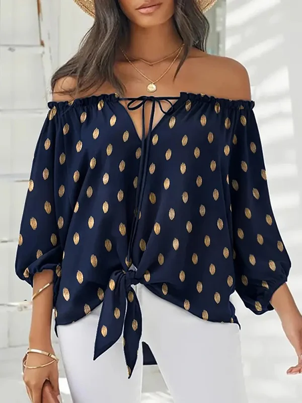 Minimalist Long Sleeves Roomy Drawstring Stamped Off-The-Shoulder Blouses&Shirts Tops