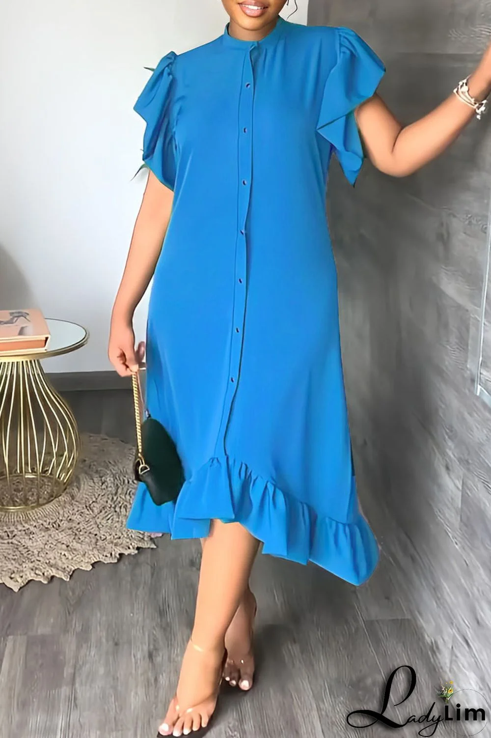 Blue Casual Solid Patchwork Buckle O Neck Dresses