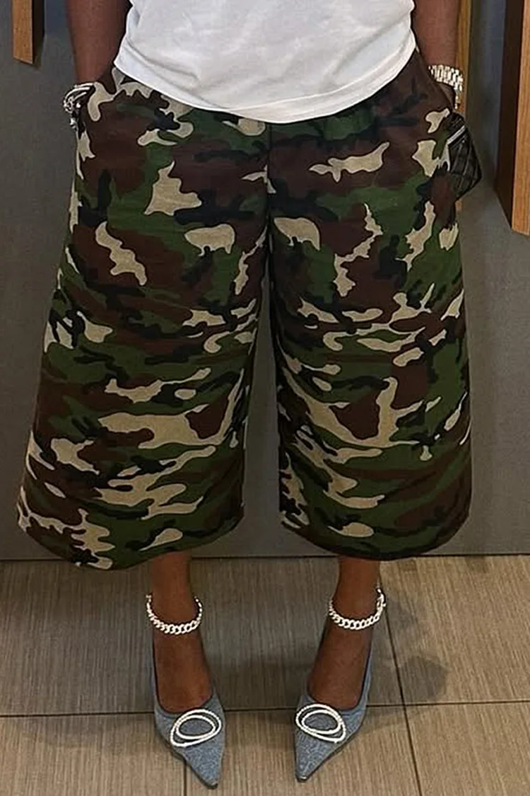 Plus Size Daily Army Green Camo Pocket Wide Leg Pants [Pre-Order] 2024 - Xpluswear