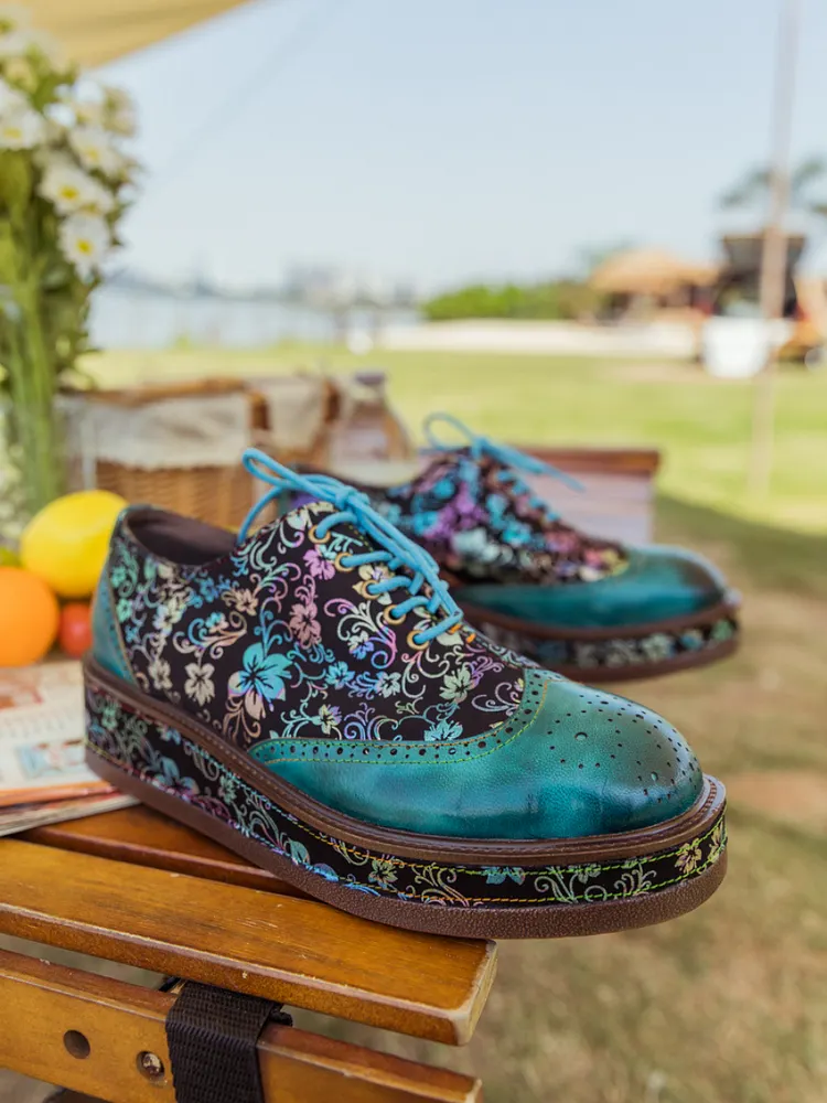 SOFFIA | TEAL FLORAL LEATHER PLATFORM OXFORD