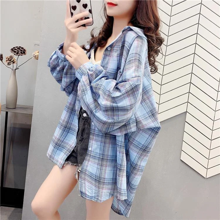 Blouses Women Plus Size 3XL Batwing Sleeve Plaid Shirts Womens Summer Sun-proof Chic Fashion Ins Oversize Korean Style Harajuku