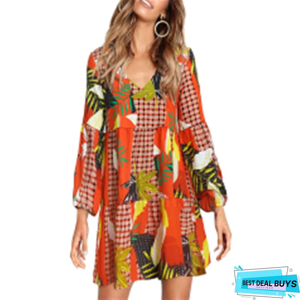 Women's Waist Elegant Casual Loose V-Neck Dress