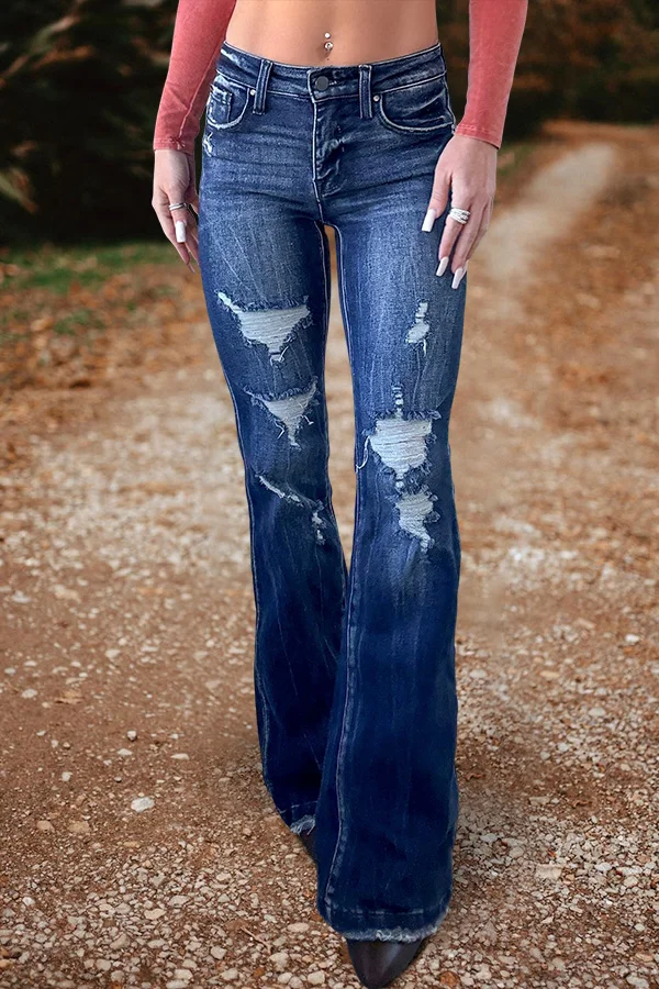 Vintage Washed Distressed Flared Jeans