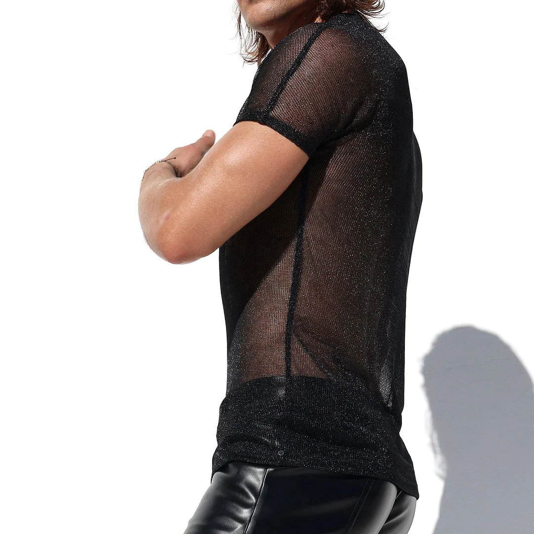 Men's Shiny Striped Loose Short-sleeved Crew Neck Top-inspireuse