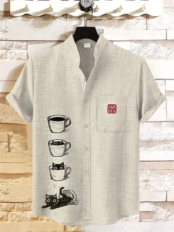 Men's Cat Coffee Cup Japanese Art Painting Print Pocket Linen Blend Shirt