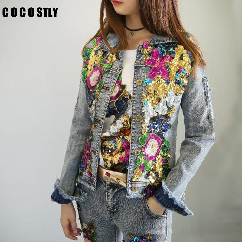 2019 Autumn Jacket Women Denim Embroidery Rose Floral Beading Pearl Sequin Patch Epaulet Ripped