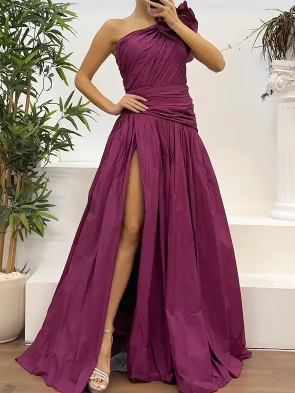 Solid Color Flower Split-Side Sleeveless off-the-shoulder pleated Elegnat Maxi Dresses