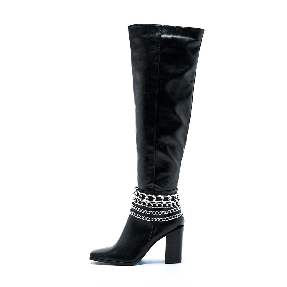 Black Square Toe Multi Chain Decor Knee-High Boots with Chunky Heel Nicepairs