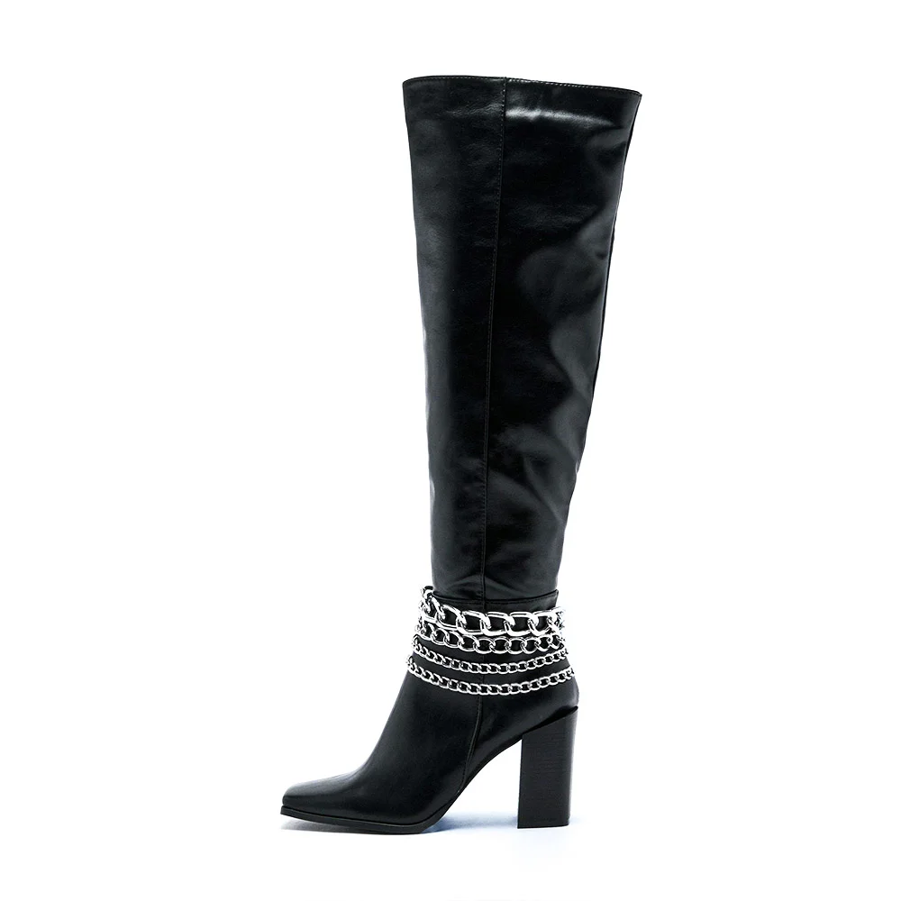Black Leather Knee Boots Square Toe Chain Decor Chunky Heels Nicepairs