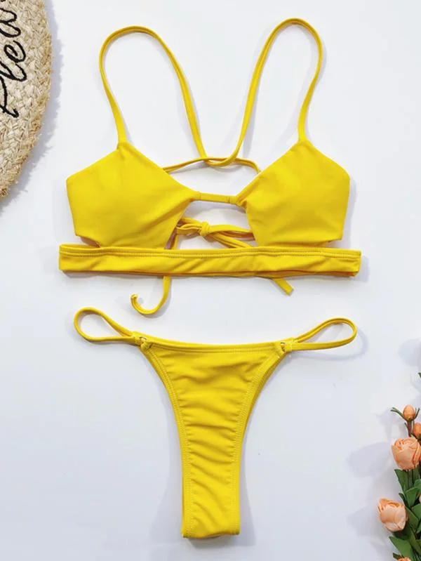 Sexy Spaghetti-Neck Bandage Split Type Bikinis Swimwear