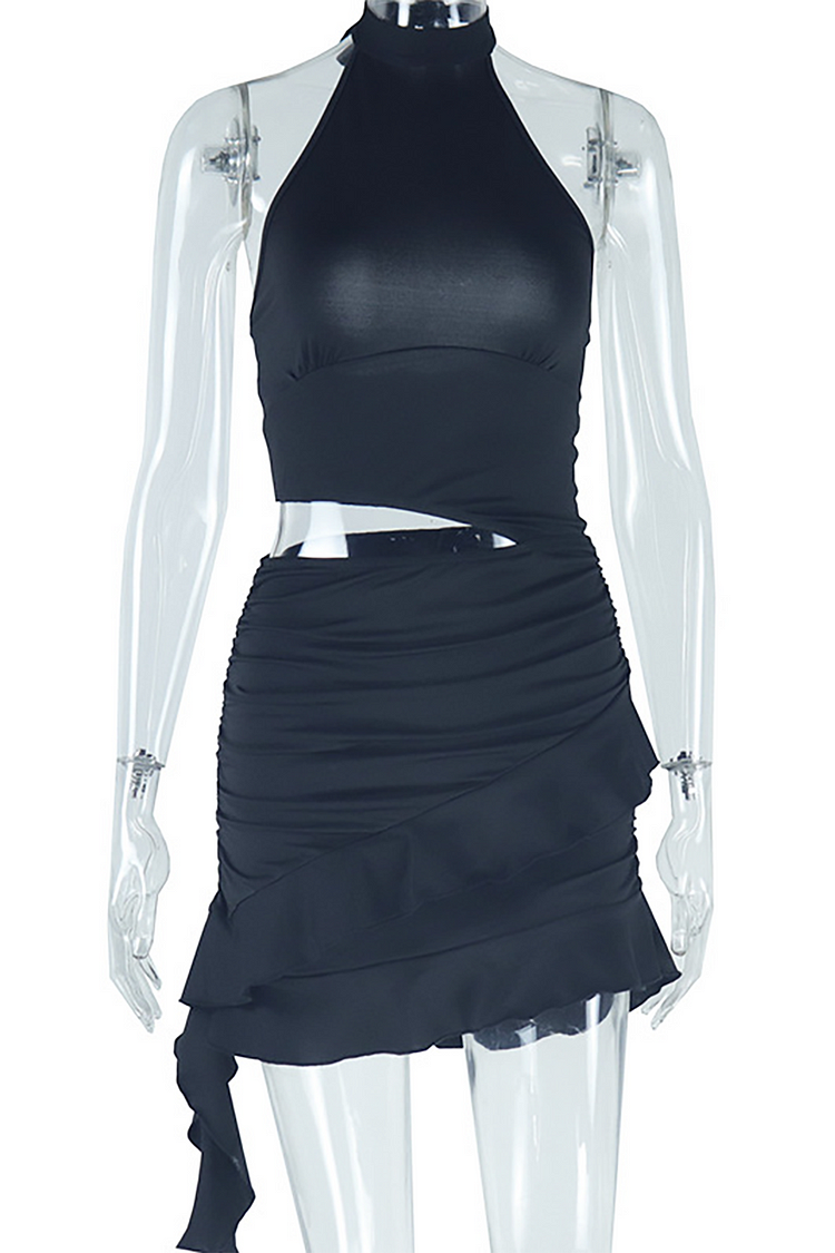 Sleeveless Stand Collar Waist Cutout Ruched Ruffled Mini Dresses-White
