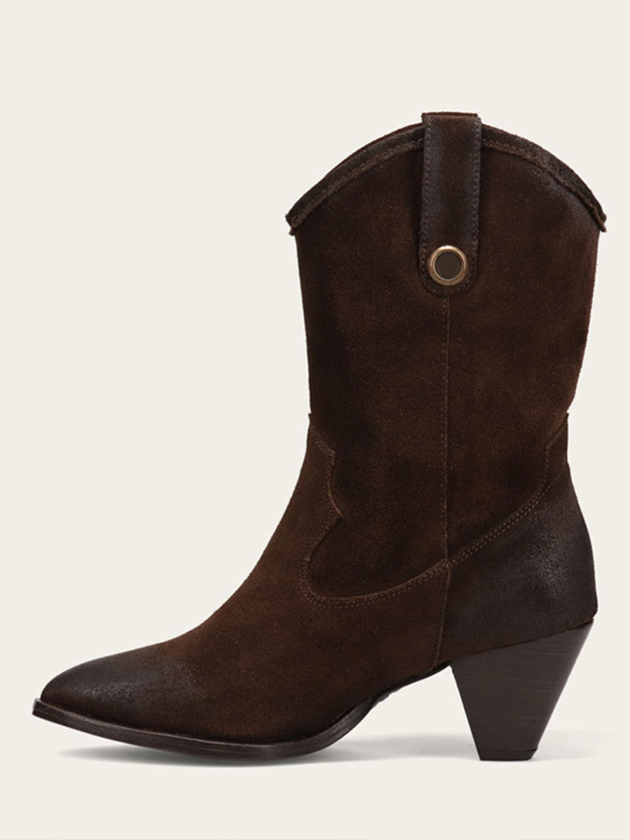 Brown Pointed Toe Button side Loops Cowgirl Boots With Chunky Heels