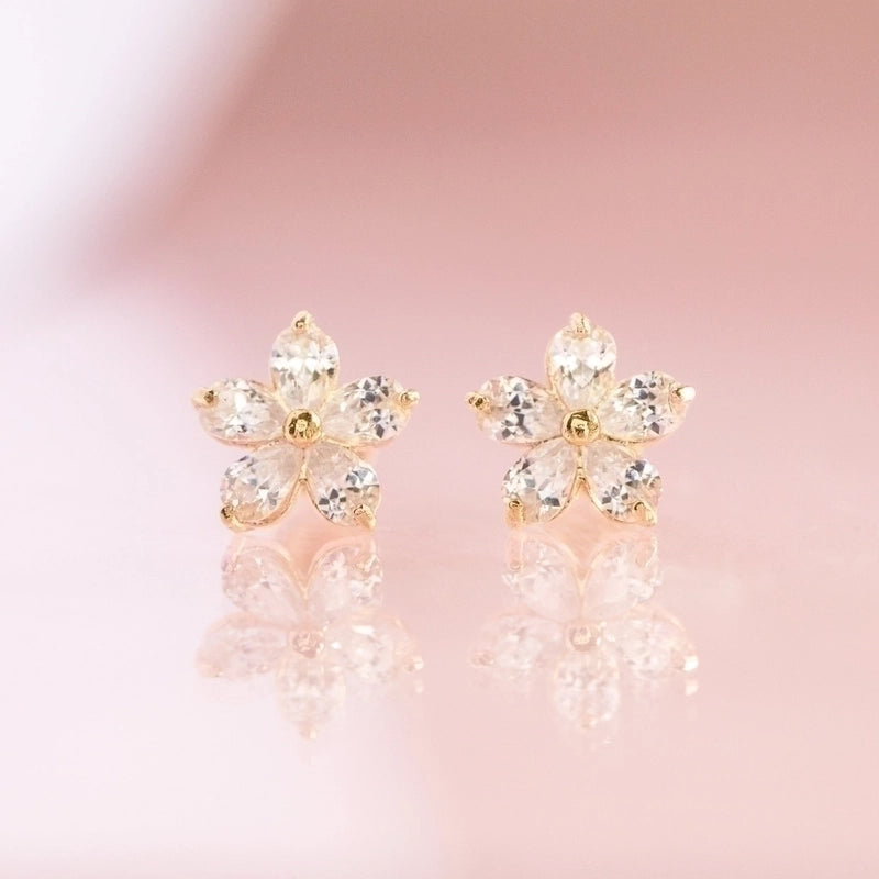 1 Pair 18K Gold Plated Sterling Silver Zircon Flower Ear Studs