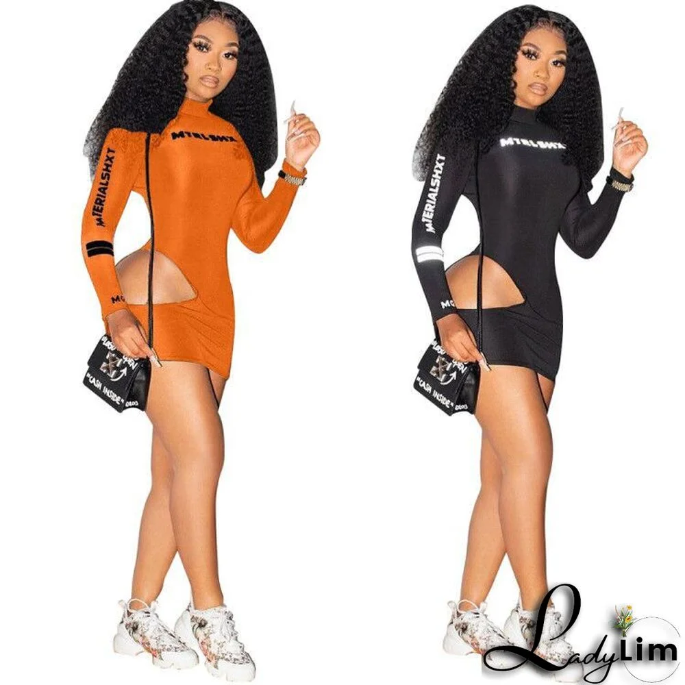 Letter Offset Printing Long Sleeve Hollow Bodycon T-shirt Dress