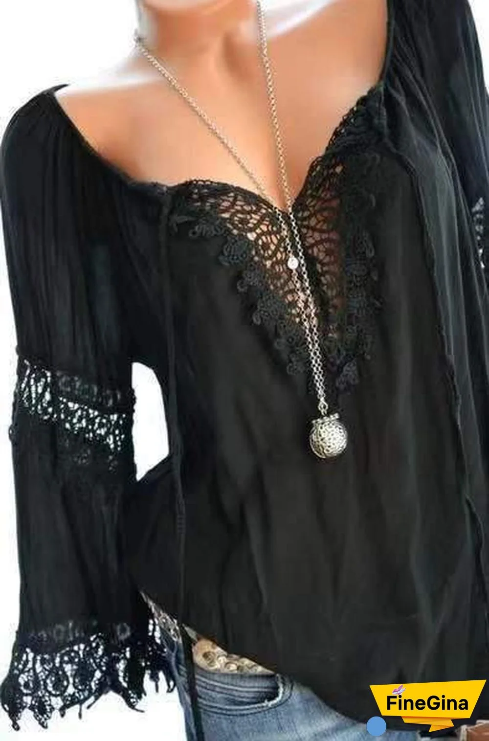 Large size Women Openwork Lace Long-sleeved Blouse Solid Color Large V-neck Casual Tops