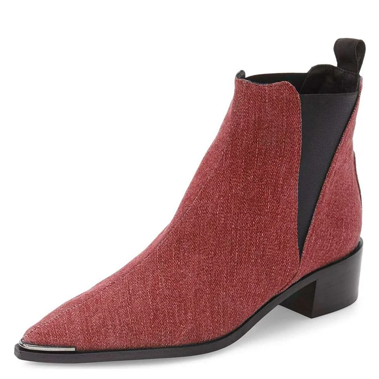 Red Denim Chelsea Boots Pointy Toe Slip-on Chunky Heel Ankle Boots |FSJ Shoes