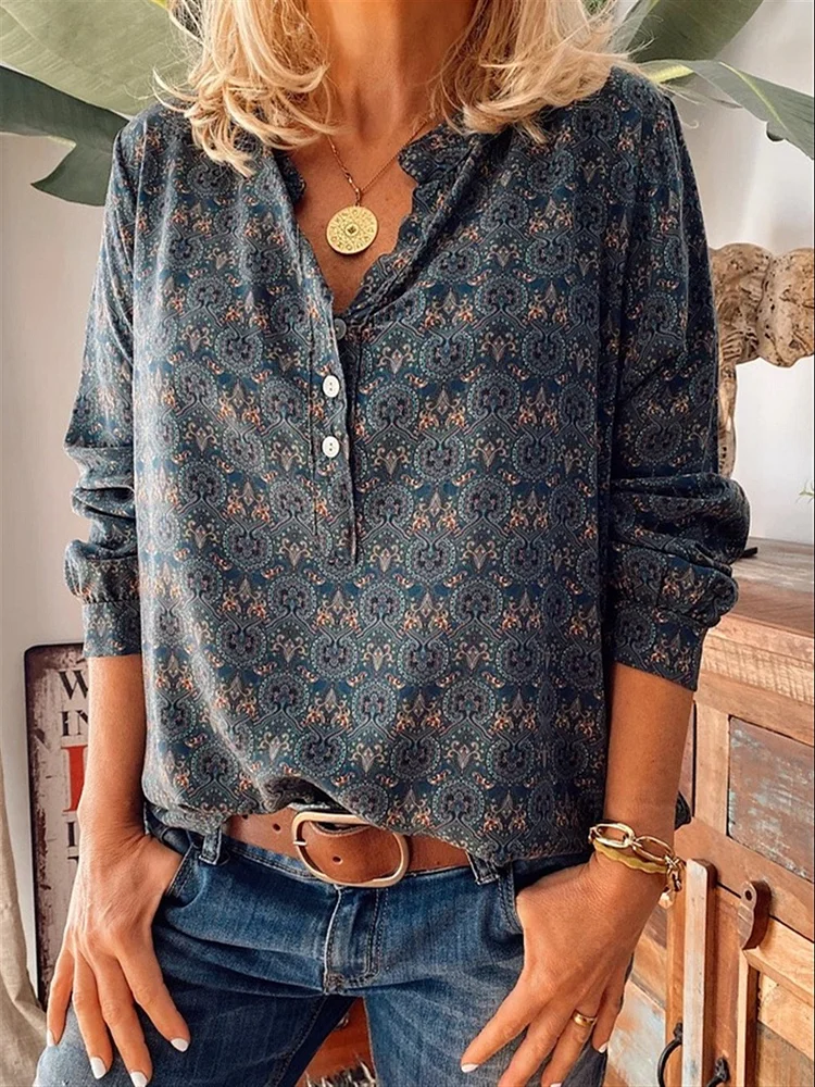Casual Vintage Floral V Neck Long Sleeve Tops