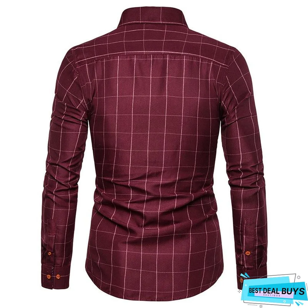 Spring/Autumn Mens Long Sleeve Plaid Cotton Shirts