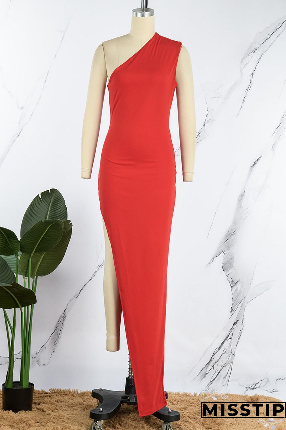 Blue Sexy Solid Patchwork Slit Oblique Collar Long Dress Dresses