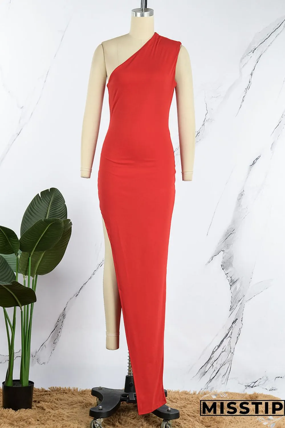 Blue Sexy Solid Patchwork Slit Oblique Collar Long Dress Dresses