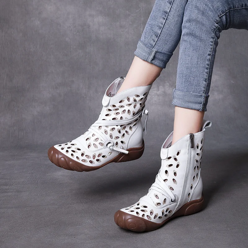 Yyvonne Style Retro Handmade Cool Boots Women Spring And Summer New Leather Hollow Hole Shoes Soft Back Breathable High Help Single Boots Woman