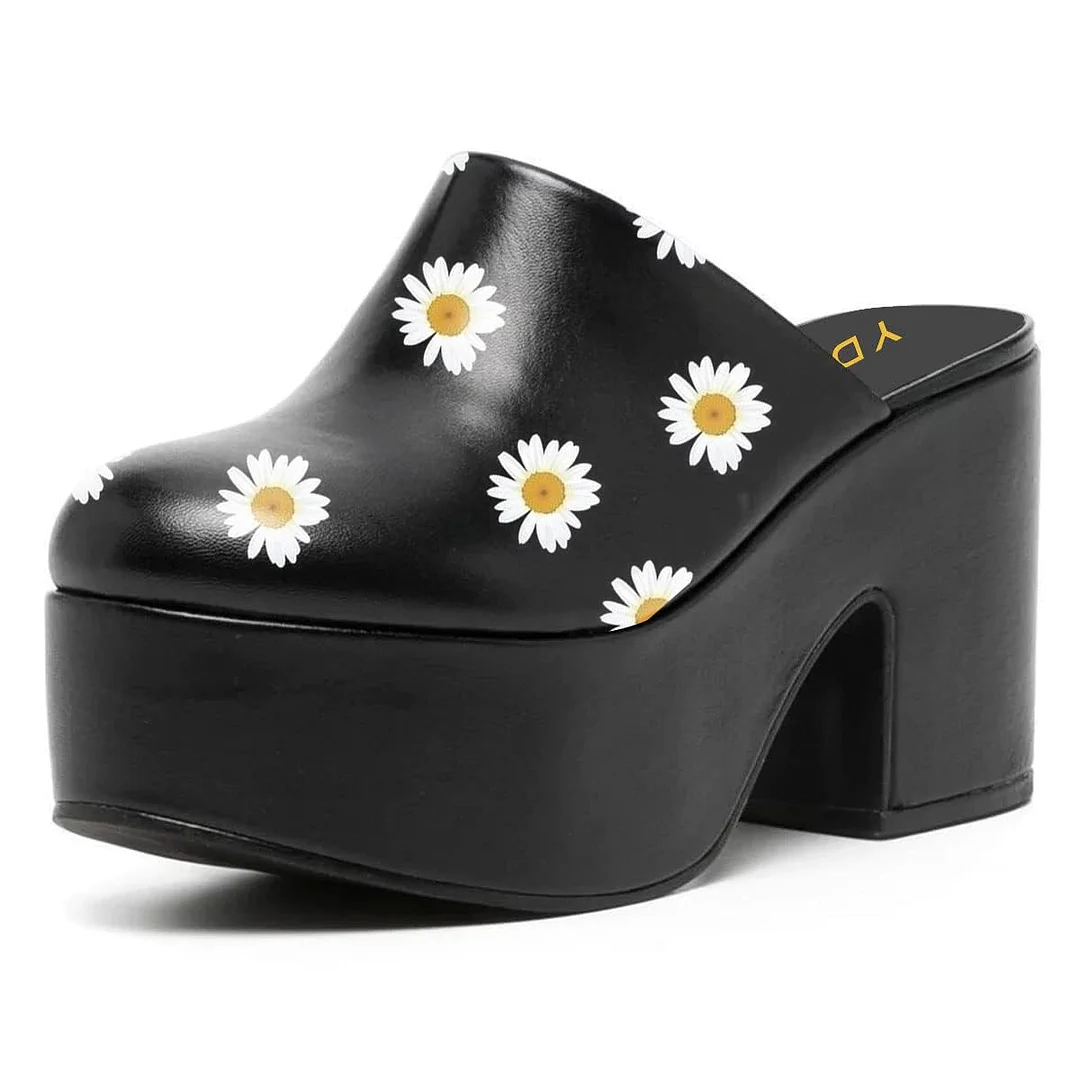 Black Vegan Leather Block Heel Platform Mules with Daisy Print