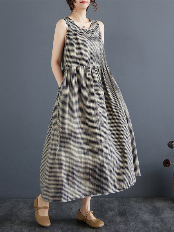 Plaid Sleeveless Drawstring Waist Side Pocket Midi Dress