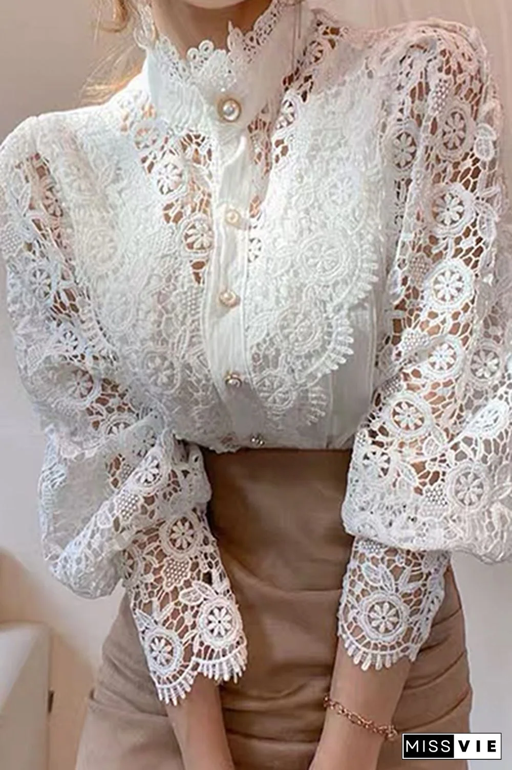 Elegant Patchwork Lace Hollowed Out Buckle Mandarin Collar Blouses(3 Colors)