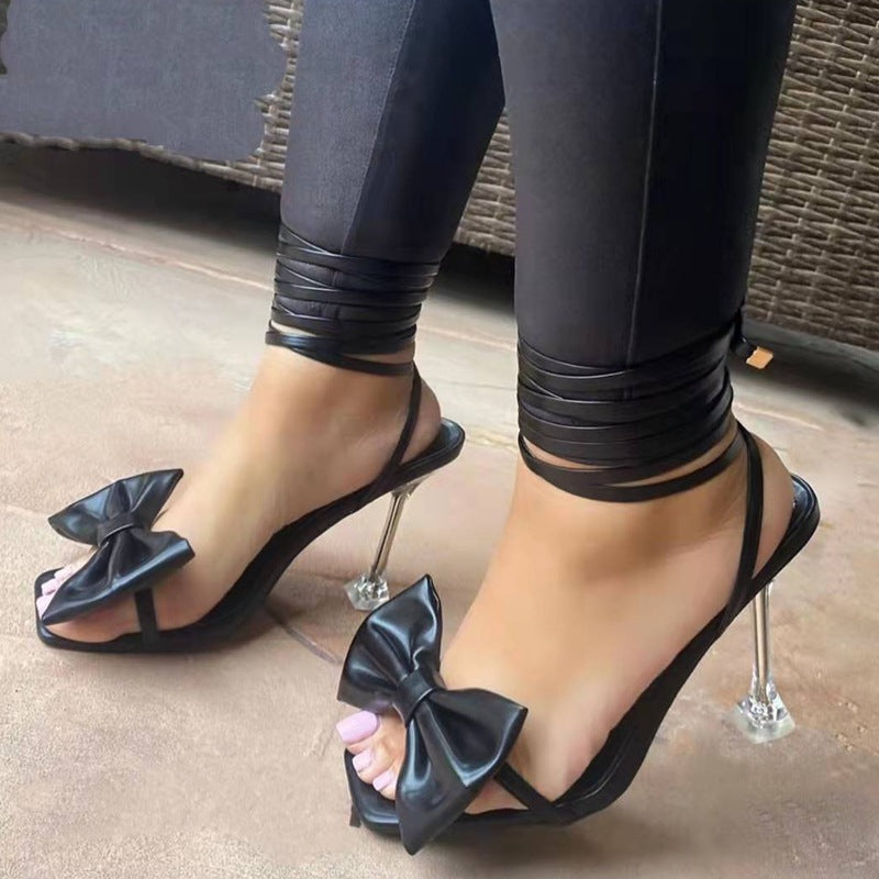 Women sexy bowknot square toe tie-up stiletto heels