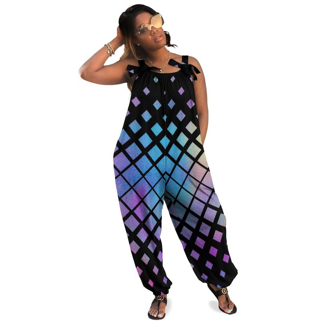 Elegant Colorful Geometric Diamonds Tiles Pattern Boho Vintage Loose Overall Corset Jumpsuit Without Top