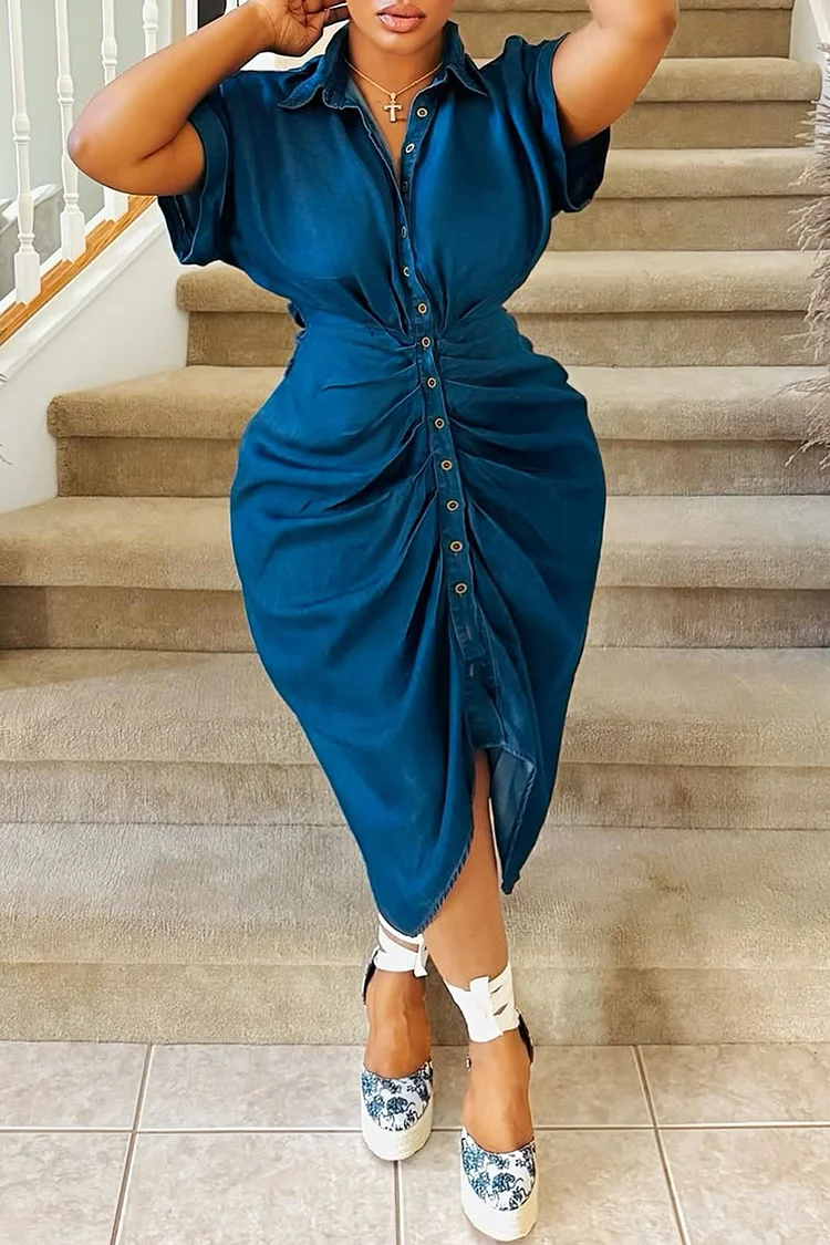 Plus Size Business Casual Blue Elegant Shirt Collar Short Sleeve Pleated Button Tencel Denim Midi Dresses [Pre-Order] 2024 - Xpluswear