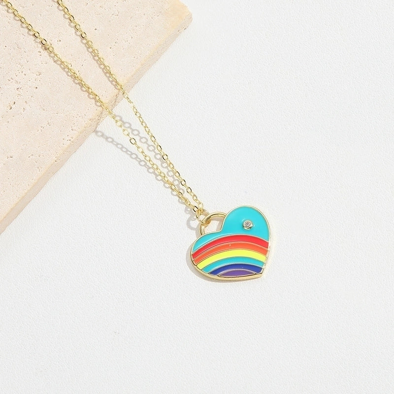 Copper 14K Gold Plated Enamel Inlay Heart Shape Zircon Pendant Necklace