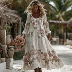 Women's Vintage Romantic White Rose Embroidery Art Comfy Knitted Maxi Dress - Image 2