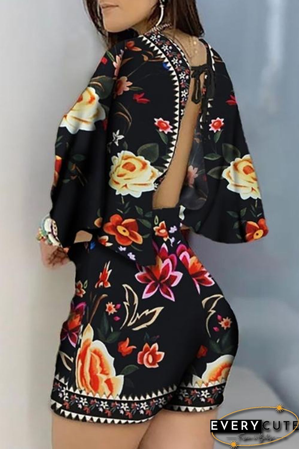 Print V Neck Bat Romper