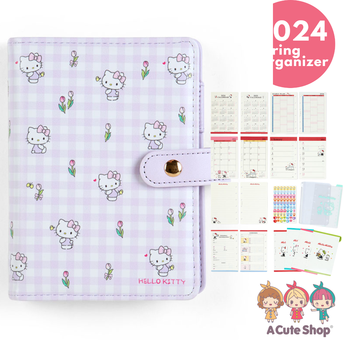 2023- 2024 Hello Kitty 6-Rings Personal Organizer Compact Planner Schedule Book Agenda PURPLE A Cute Shop - Inspired by You For The Cute Soul 
